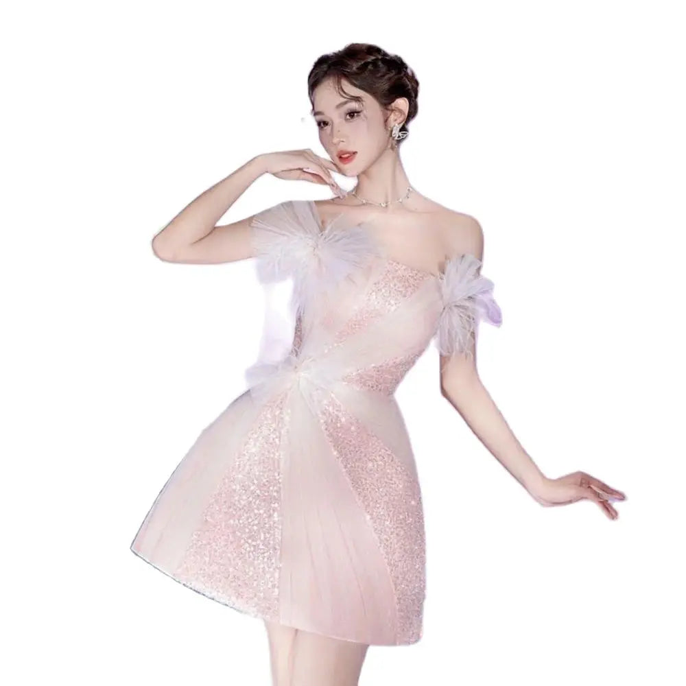 Strapless Shinny Light Pink Sequins Party Dress Mini Sexy Sparkly Cocktail Dresses Plus Size vestido feminino vestidos para muje