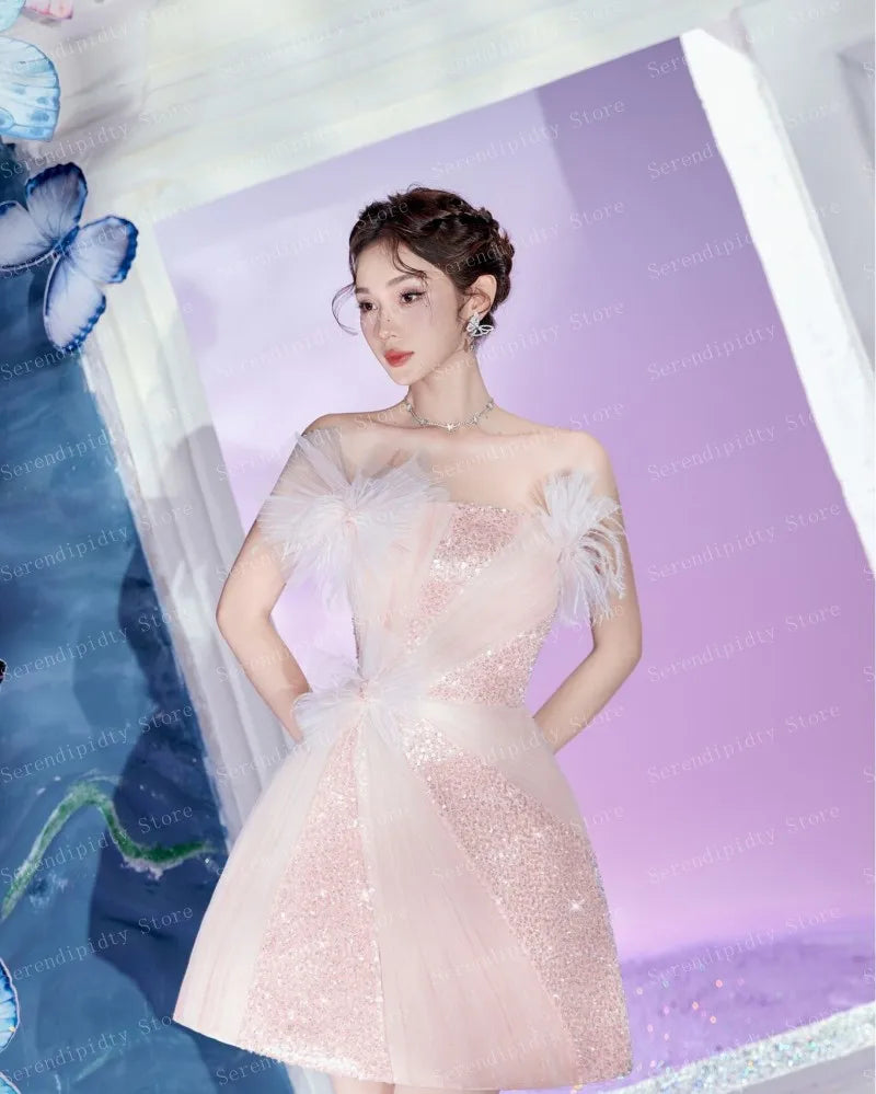 Strapless Shinny Light Pink Sequins Party Dress Mini Sexy Sparkly Cocktail Dresses Plus Size vestido feminino vestidos para muje